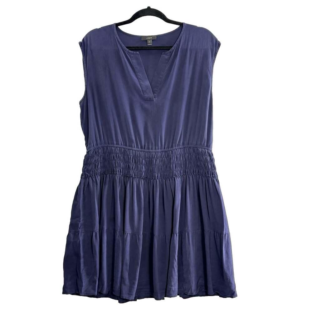 J CREW Women Silk Smocked Pullover Sleeveless V Neck Shift Dress Sz 14 Blue 30-6